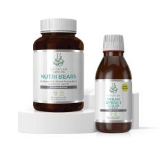 Cytoplan Children's Foundations of Health Bundle. Image shows two pots of supplements, Nutri Bears Multivitamin and Mineral Gummy Bears and lemon flavour Vegan Omega 3 Liquid. This kids supplement bundle is created by Nutritional Therapists to provide ess