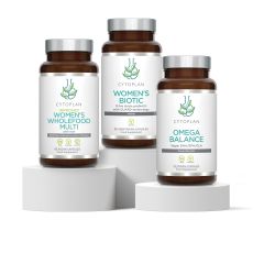 Cytoplan Women's Foundations of Health Bundle. Image shows three pots of supplements, a multivitamin and mineral (Women's Wholefood Multi with Iron), a probiotic (Women's Biotic) and an omega-3 essential fatty acid (Omega Balance). Buying the women's supp